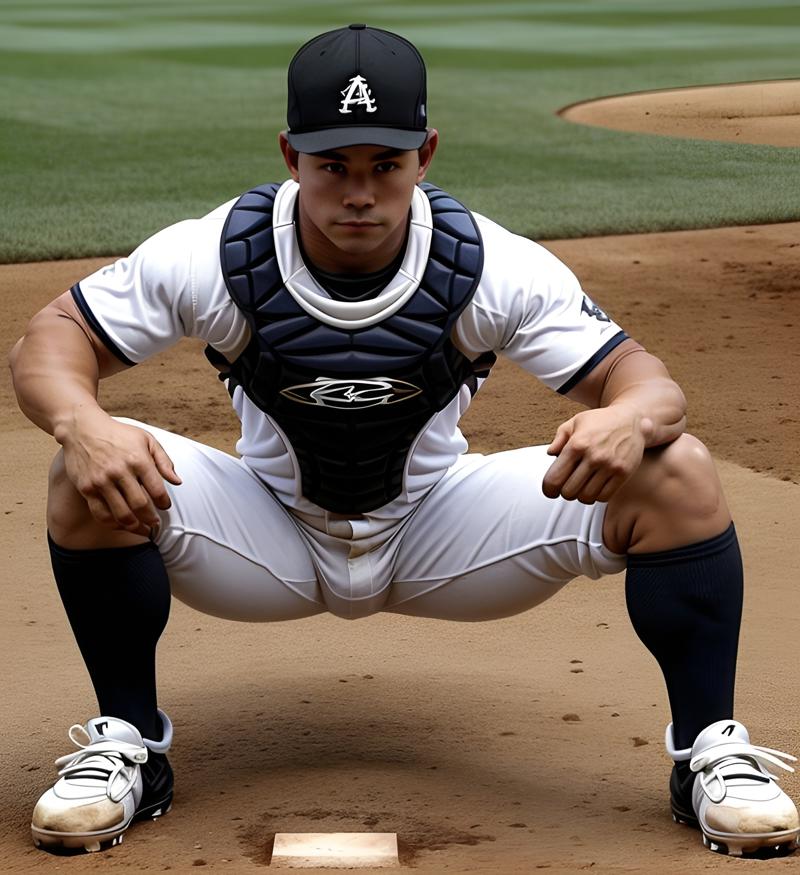 bsbsqt a pinoy baseball player bsbsqt kneeling down on a base with a catchers mitt, shirtless, handsome ROHD.jpg